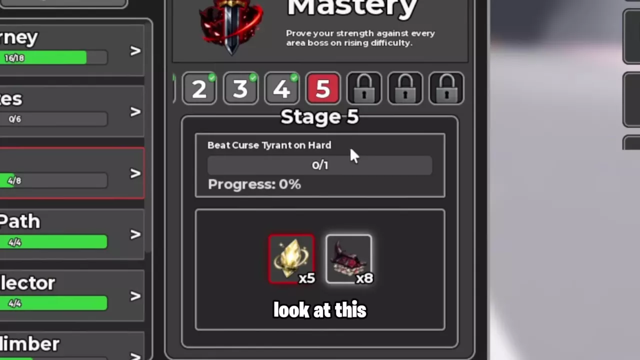 Mastery Stage 5 showing the Hard Curse Tyrant objective and two material rewards.