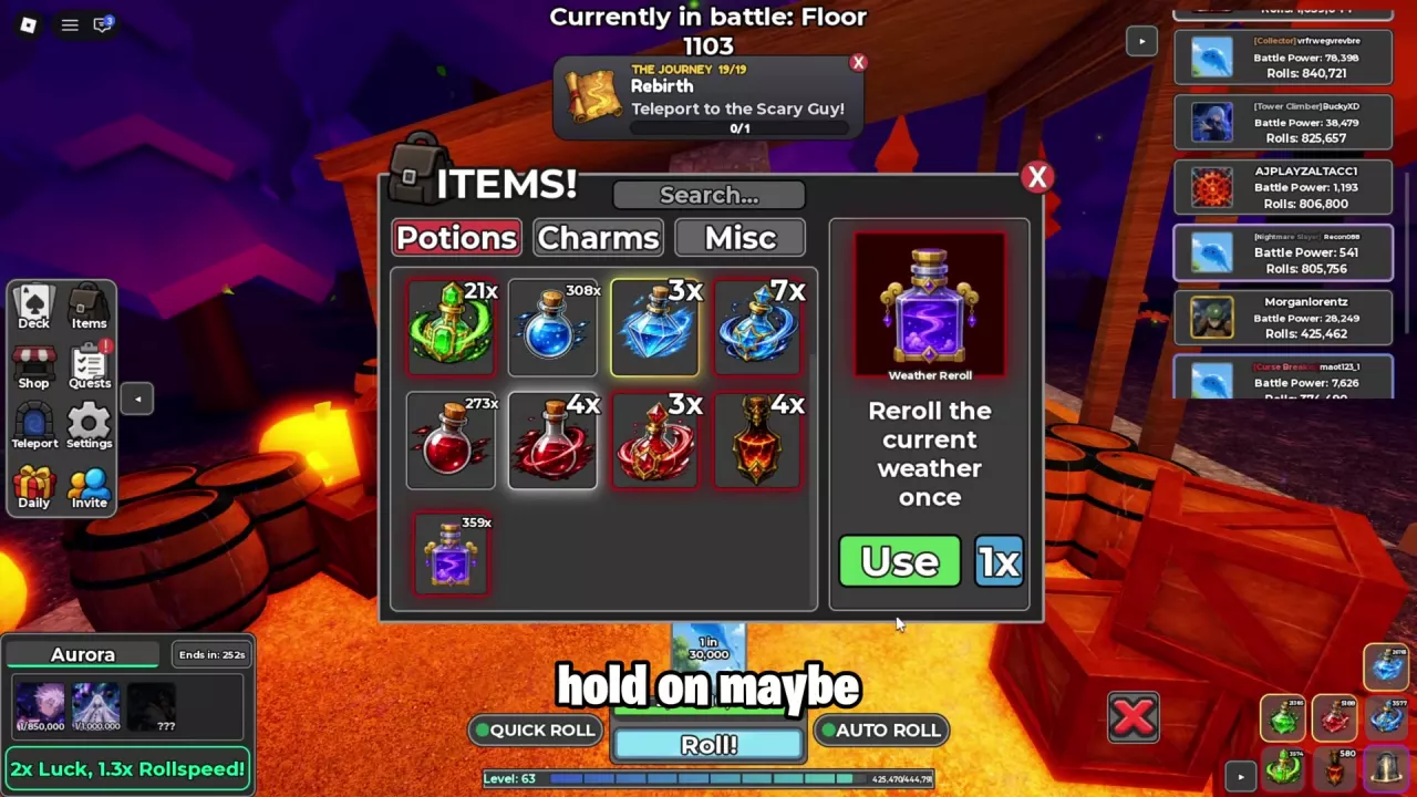 Weather Reroll selected in Items → Potions, with the Use button, 1x quantity, and Aurora weather panel visible.