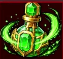 Green and gold Luck Potion IV bottle with a gemstone stopper and swirling green energy.