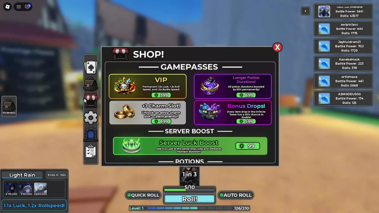 SHOP menu with the shop icon selected and Gamepasses and Server Boost sections visible.