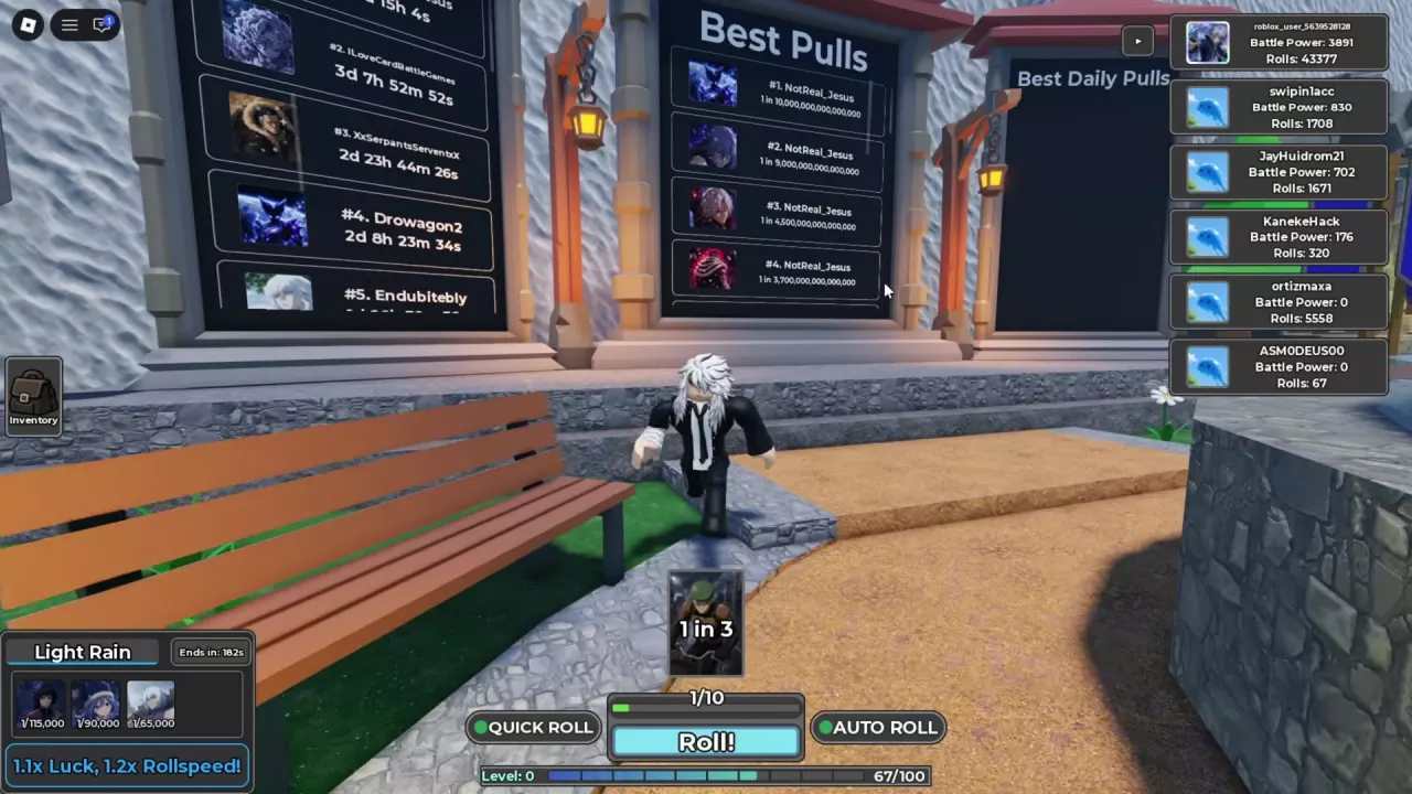 Stone leaderboard boards beside the plaza fountain, with Best Pulls and Best Daily Pulls headings.