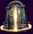 Dark stone gate with engraved symbols, a golden central glow, and a luminous base ring.
