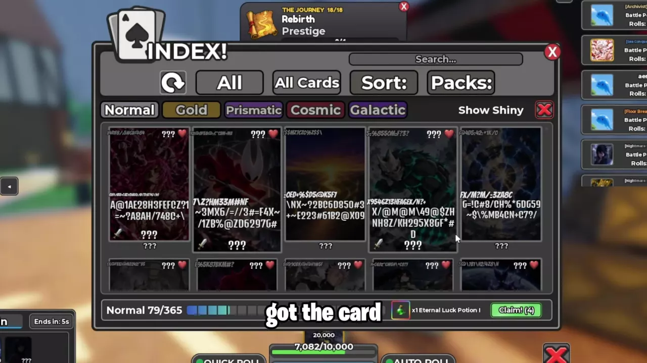 Card Index with search controls, five version tabs, Show Shiny and the collection reward Claim button.