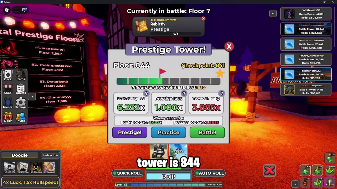 Prestige Tower menu at Floor 844 showing checkpoint 841, target 851, and separate luck and difficulty multipliers.