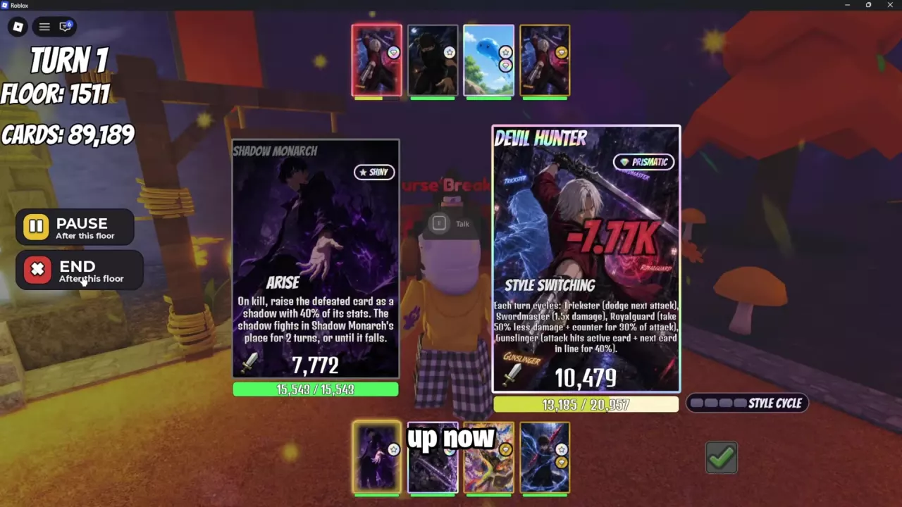 Infinite Tower battle with Pause and End controls labeled After this floor.