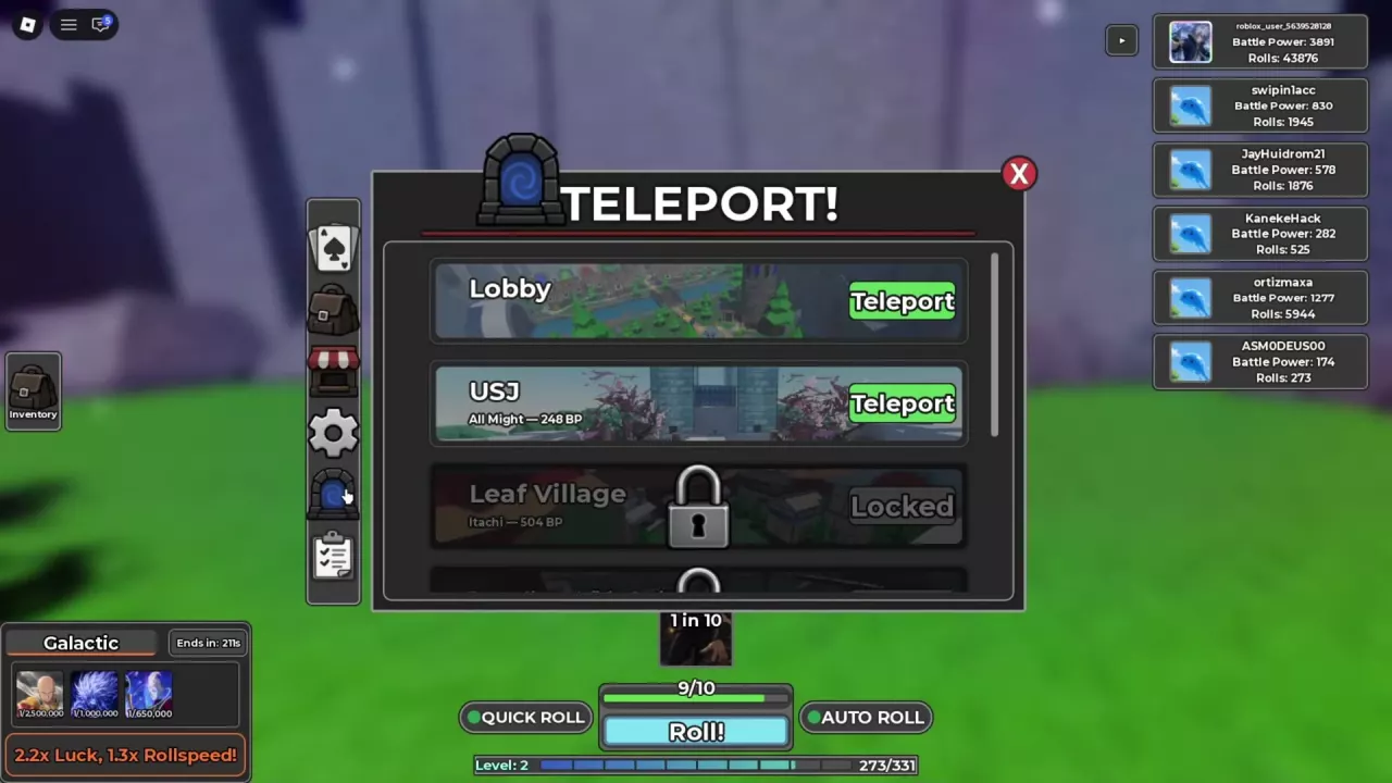 Teleport menu with green buttons for Lobby and USJ and a locked Leaf Village entry.