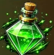 Diamond-shaped green Luck Potion III bottle with a cork and gold neck ring.