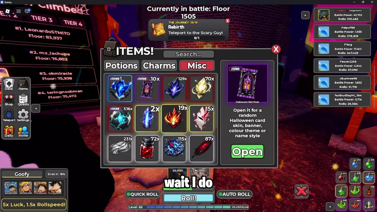 Halloween Skin Pack selected in Items → Misc with the Open button visible.