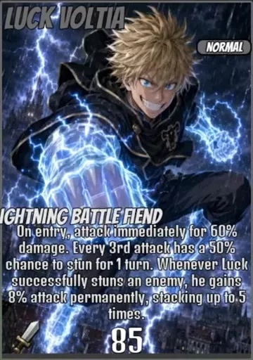 Luck Voltia card depicting a blond fighter surrounded by blue lightning.