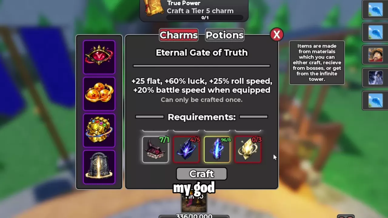 Scrolled requirements showing the horned jaw, two purple crystals, and Divine Fragment.