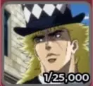 Speedwagon portrait with blond hair and a black hat with a checkered band.