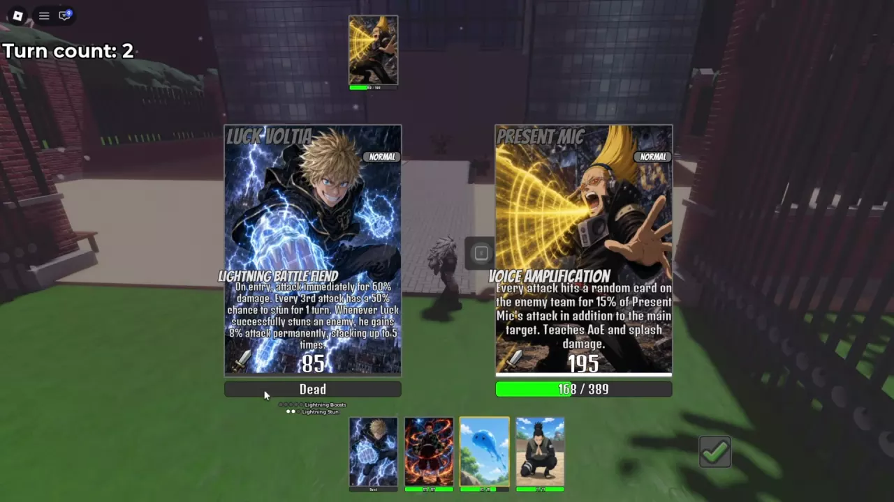 Turn 2 against Present Mic with Luck Voltia marked Dead and surviving teammates in the bottom queue.
