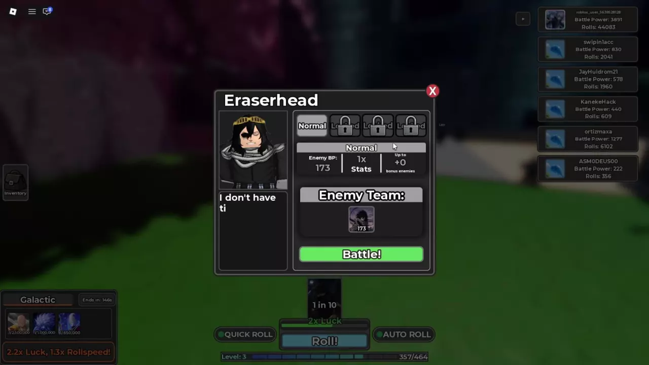 Eraserhead challenge panel with Normal difficulty, Enemy Team, and the Battle button.