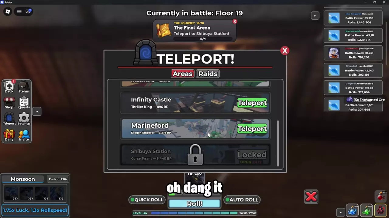 Shibuya Station marked Locked while The Final Arena asks the player to teleport there.