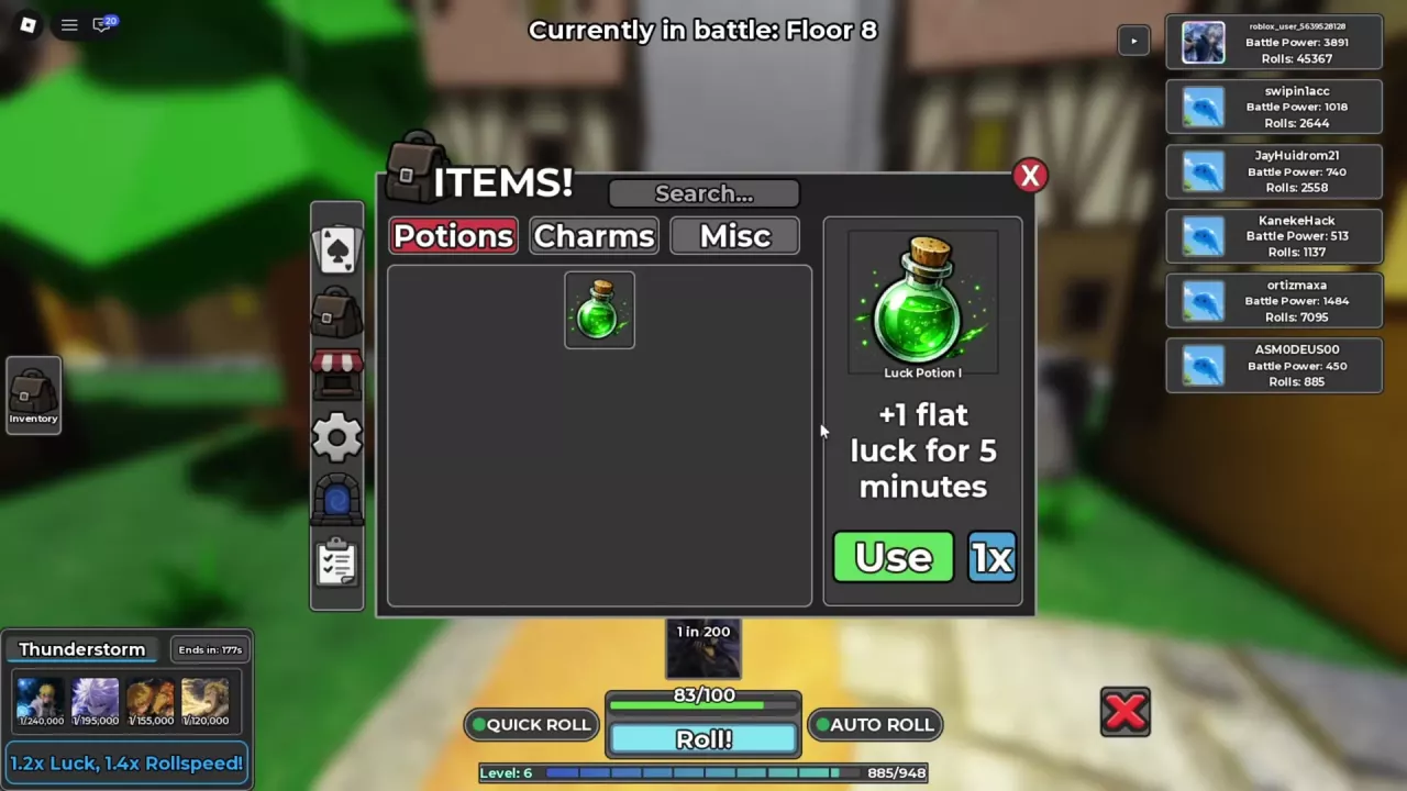 Luck Potion I selected in Items, with the Potions tab, Use button, and 1x quantity visible.