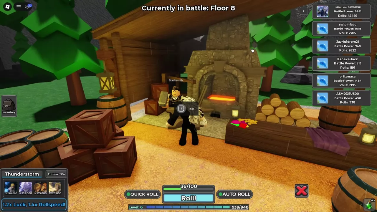 Blacksmith beside the stone furnace, crates and barrels, with the E Talk prompt.