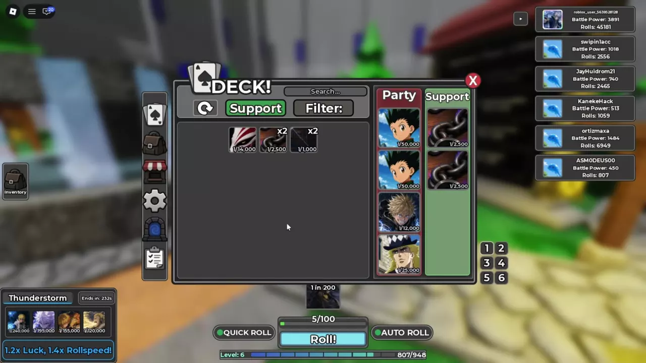 Deck open to Support with two Rusted Chains equipped beside the separate Party column.