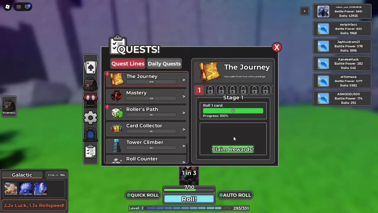 Quest Lines menu with The Journey's completed first stage and the Claim Rewards button.