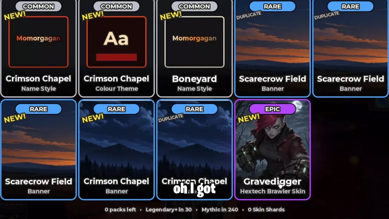 Halloween cosmetic results with NEW and DUPLICATE labels and reward counters along the bottom.