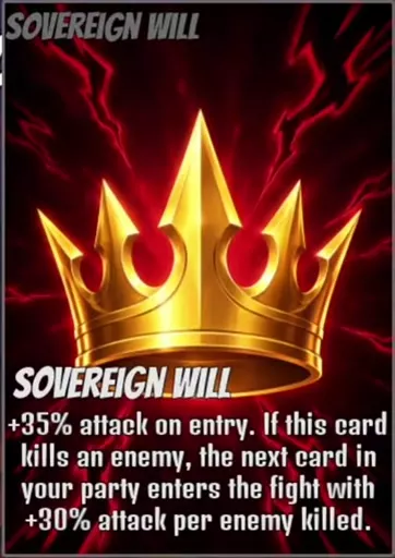 Sovereign Will support card featuring a golden crown against red lightning.