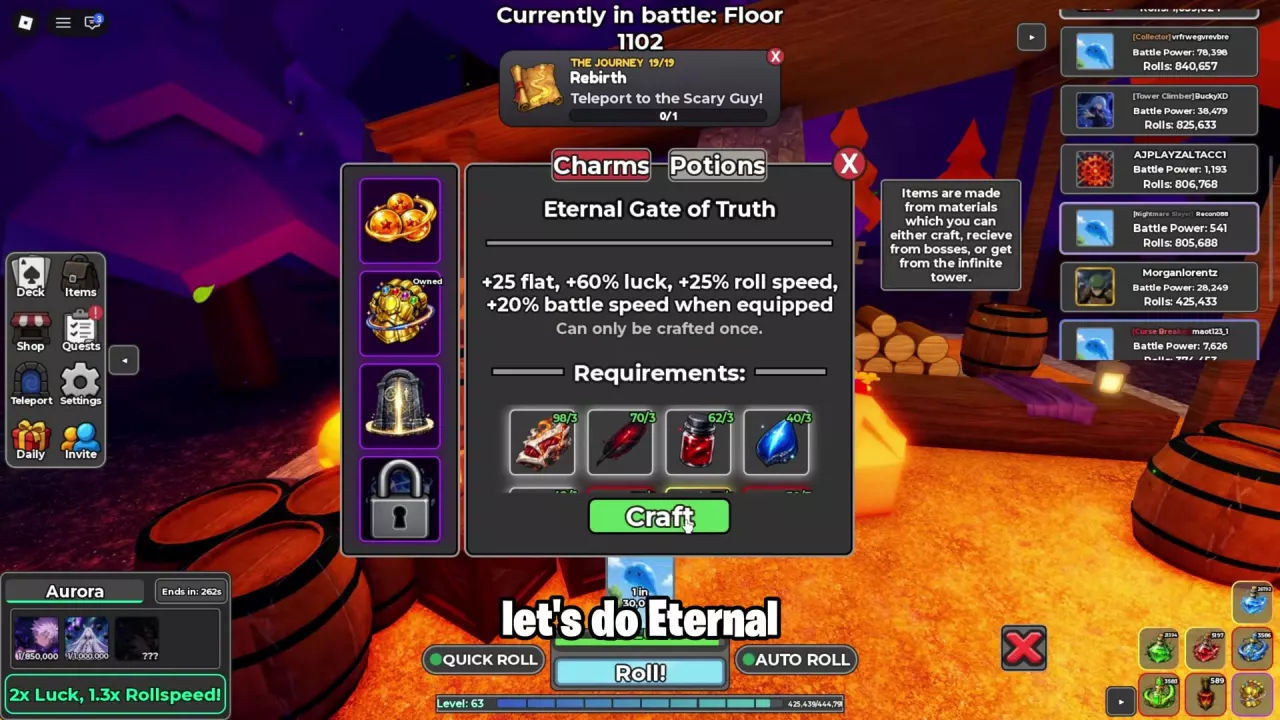Eternal Gate of Truth crafting menu with the first four ingredients and a green Craft button.