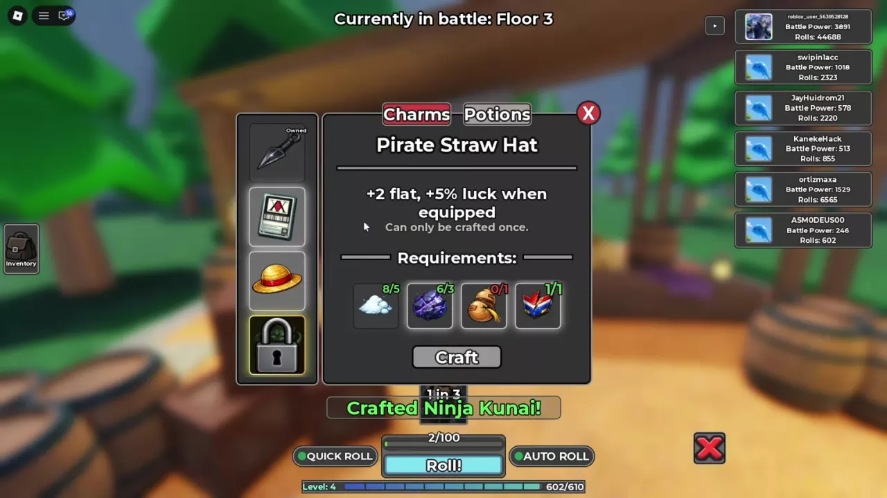 Pirate Straw Hat requirements with Sand Gourd at 0/1 in red and satisfied ingredients in green.