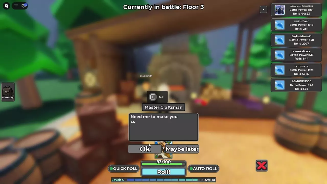 Master Craftsman dialogue at the Blacksmith with the Ok button to open crafting.