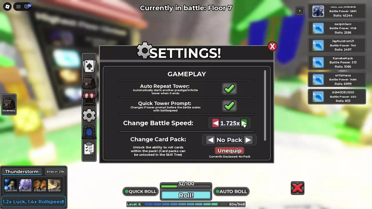 Gameplay settings with Change Battle Speed arrows, Quick Tower Prompt, and Auto Repeat Tower.