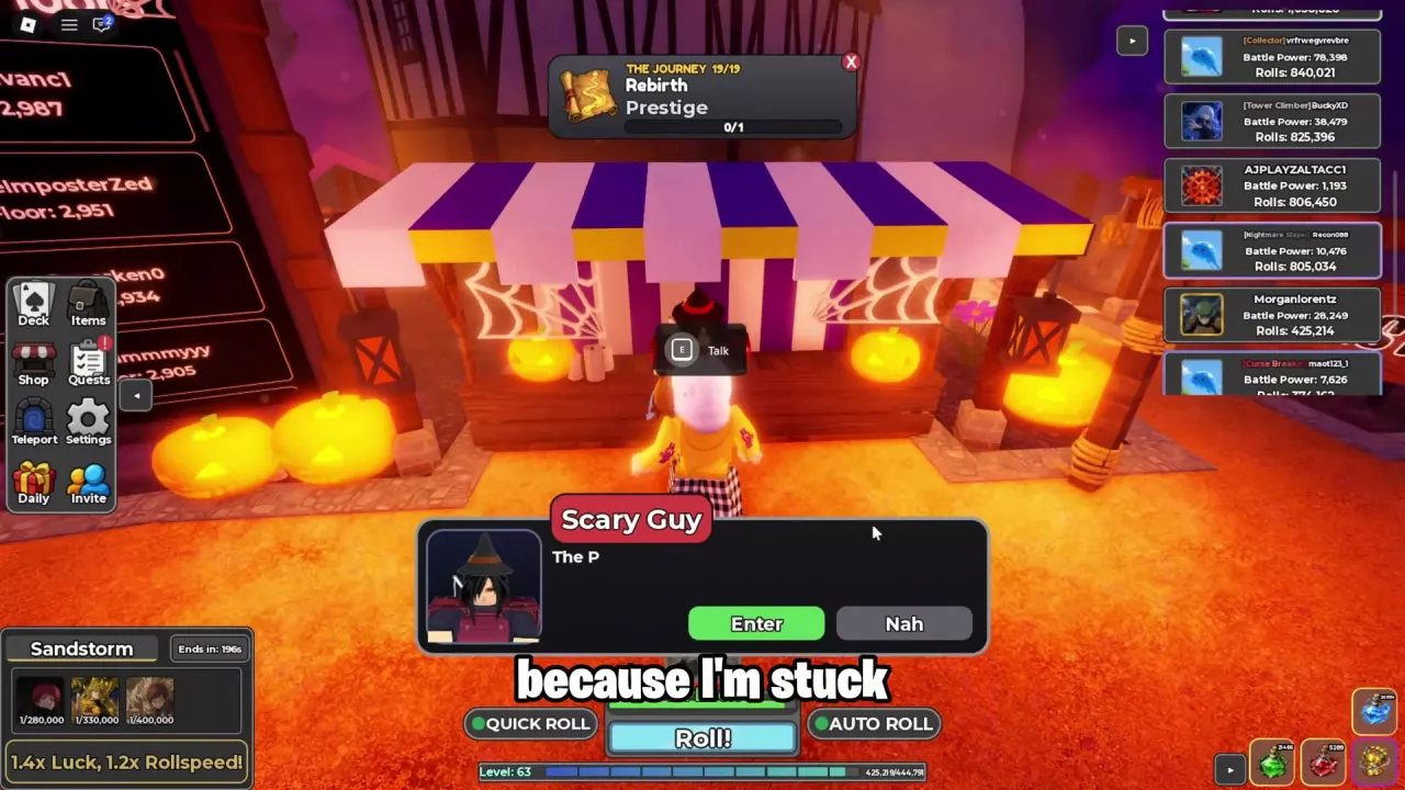 Scary Guy's purple-and-white Halloween stall with the Enter dialogue open.
