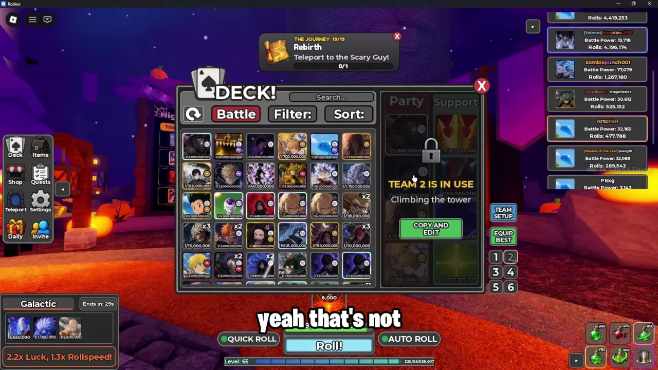 Deck with separate Party and Support columns locked while Team 2 climbs the tower.