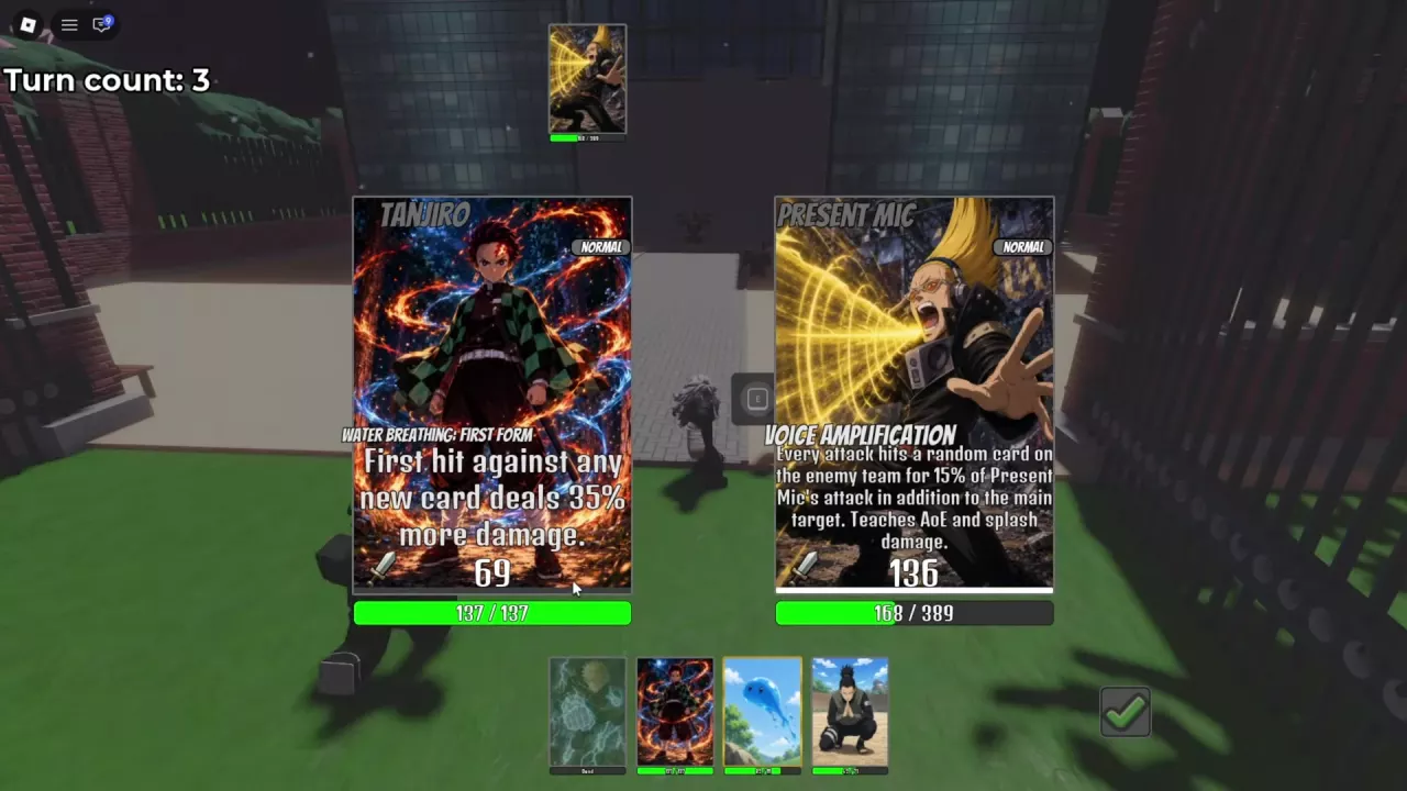 Tanjiro takes over against Present Mic on turn 3, with Luck Voltia marked Dead in the team queue.