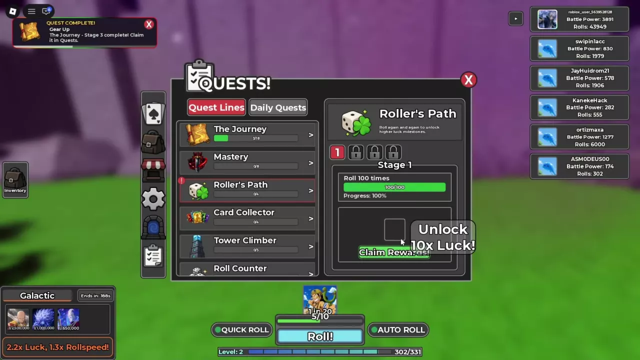 Roller's Path Stage 1 at 100/100 rolls with the Claim Rewards button and 10x Luck unlock.