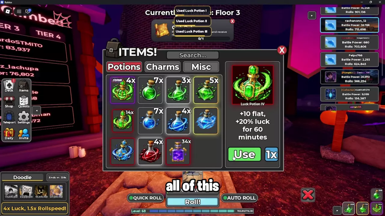 Luck Potion IV selected during Doodle weather, with use confirmations for Luck Potions I, II, and III.