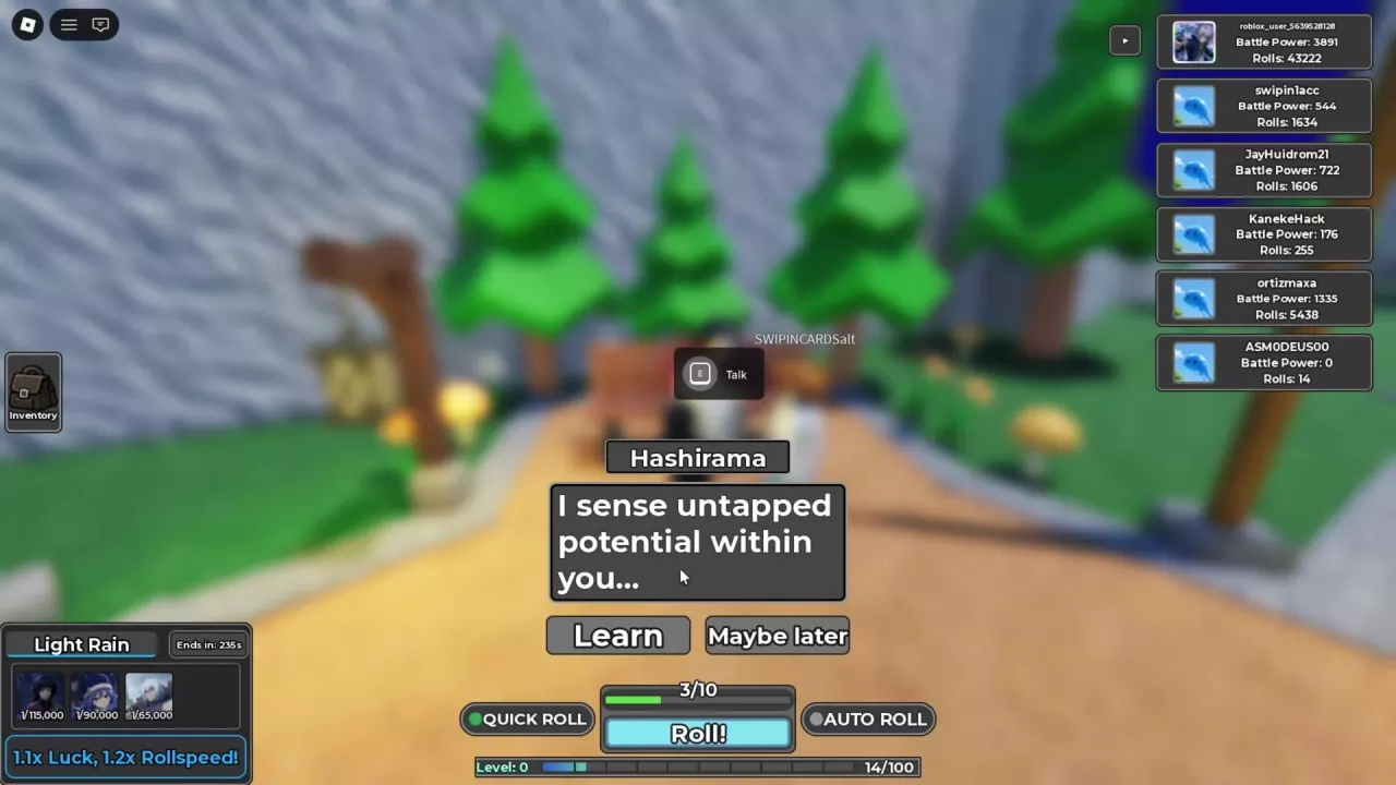Hashirama's dialogue with the Learn option for opening the Skill Tree.